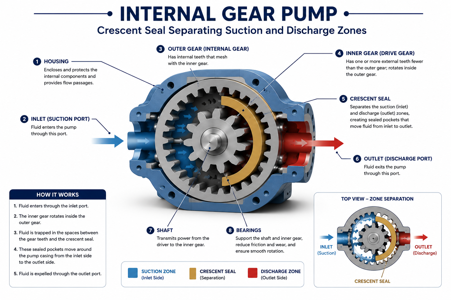 Internal gear pump showing the crescent seal separating suction and discharge zones