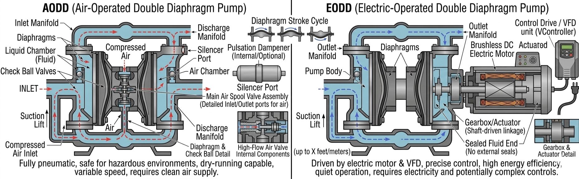 AODD vs EODD Pump Comparison - Air Operated vs Electric Operated Double Diaphragm Pumps