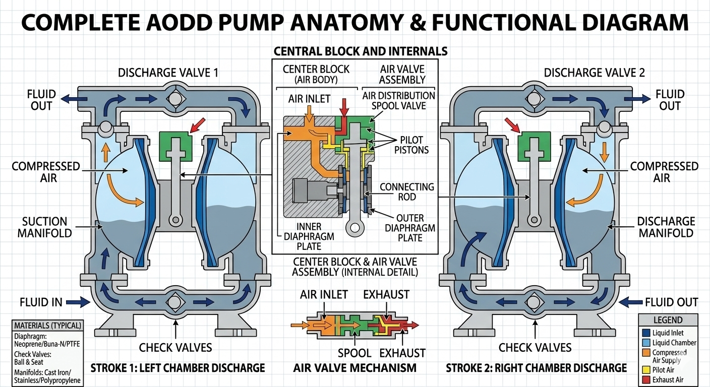 AODD Pump Anatomy - Center Block, Air Valve, Diaphragms, Check Valves, Manifolds