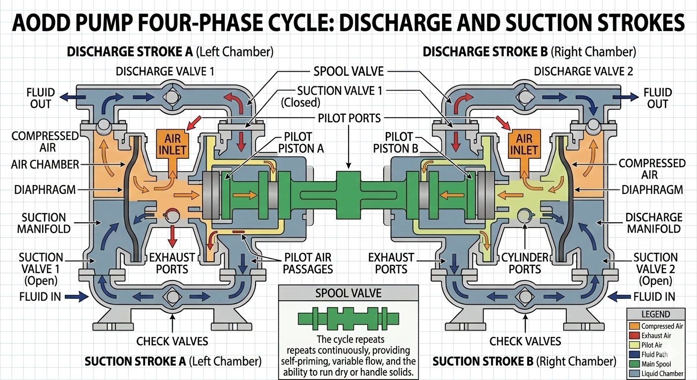 AODD Pump Four-Phase Cycle - Discharge and Suction Strokes
