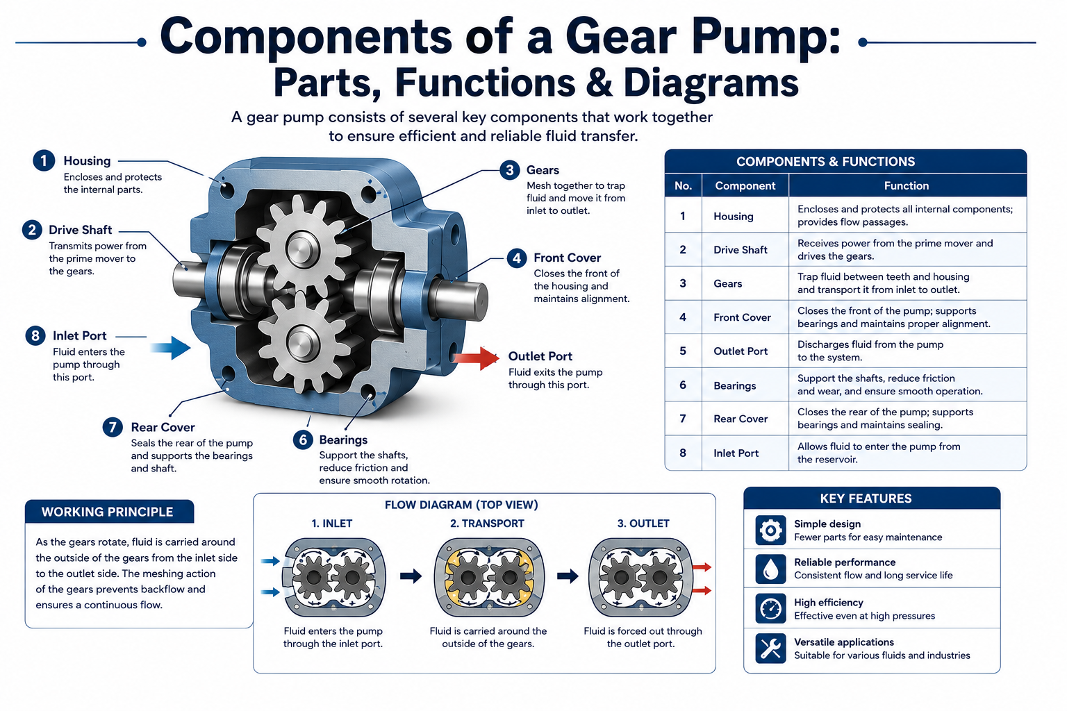 Gear pump component diagram showing housing, driver gear, driven gear, shafts, bearings, seals, and ports