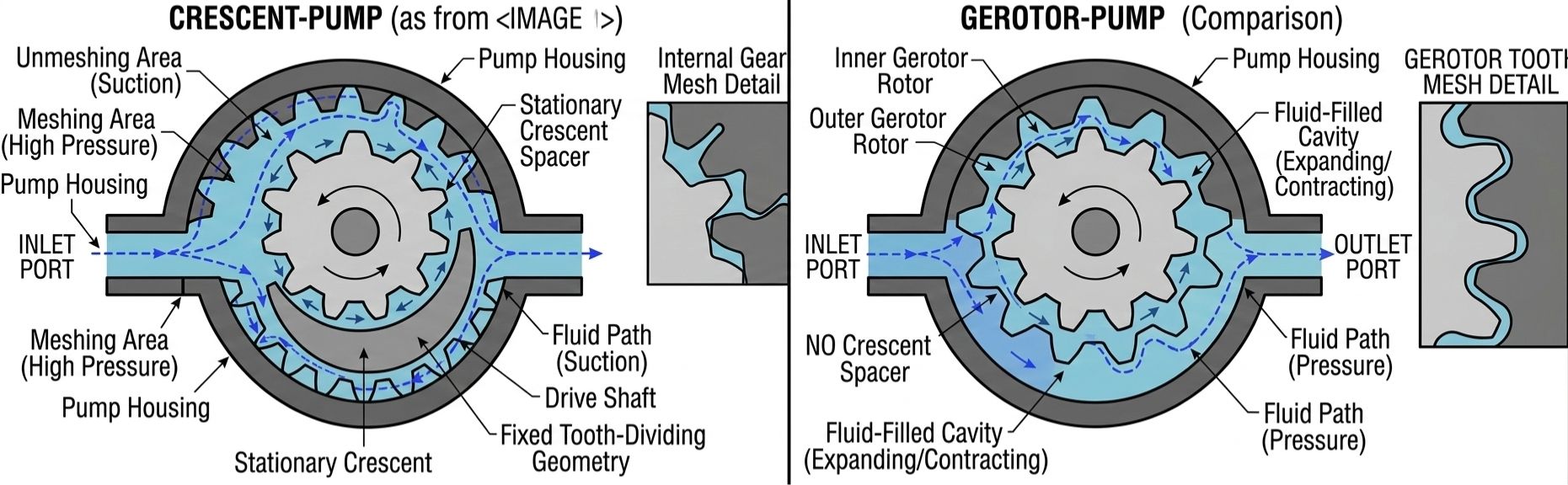 Crescent Seal vs Gerotor Internal Gear Pump Designs