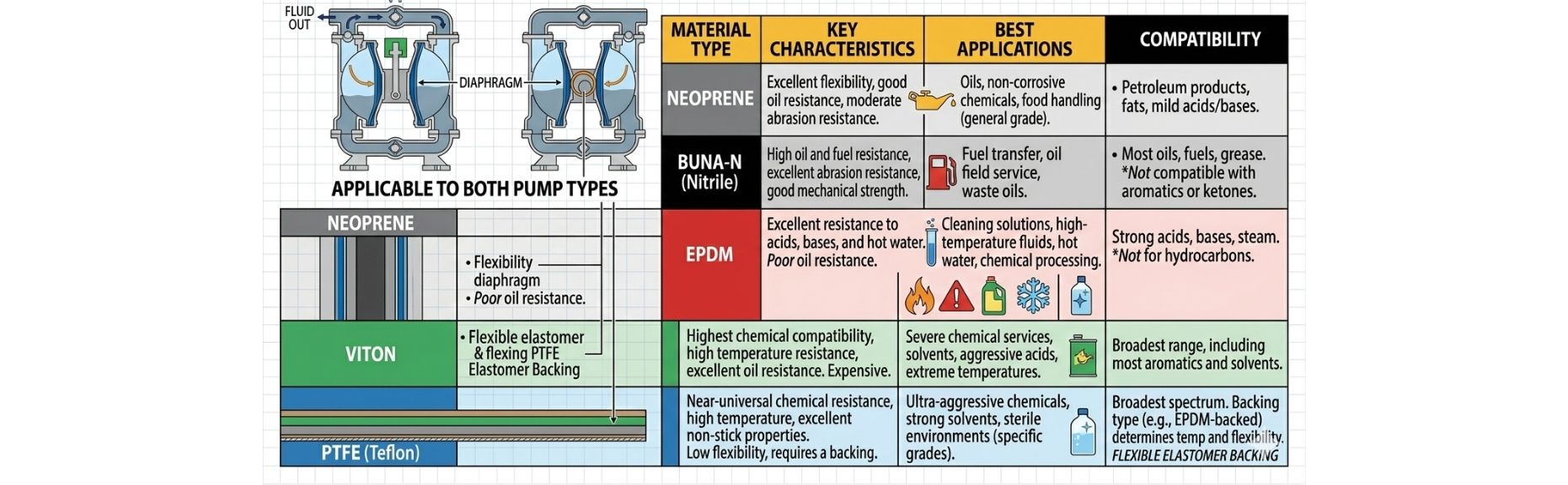 Diaphragm Material Selection - PTFE, Santoprene, EPDM, Neoprene, Hytrel, Viton, NBR