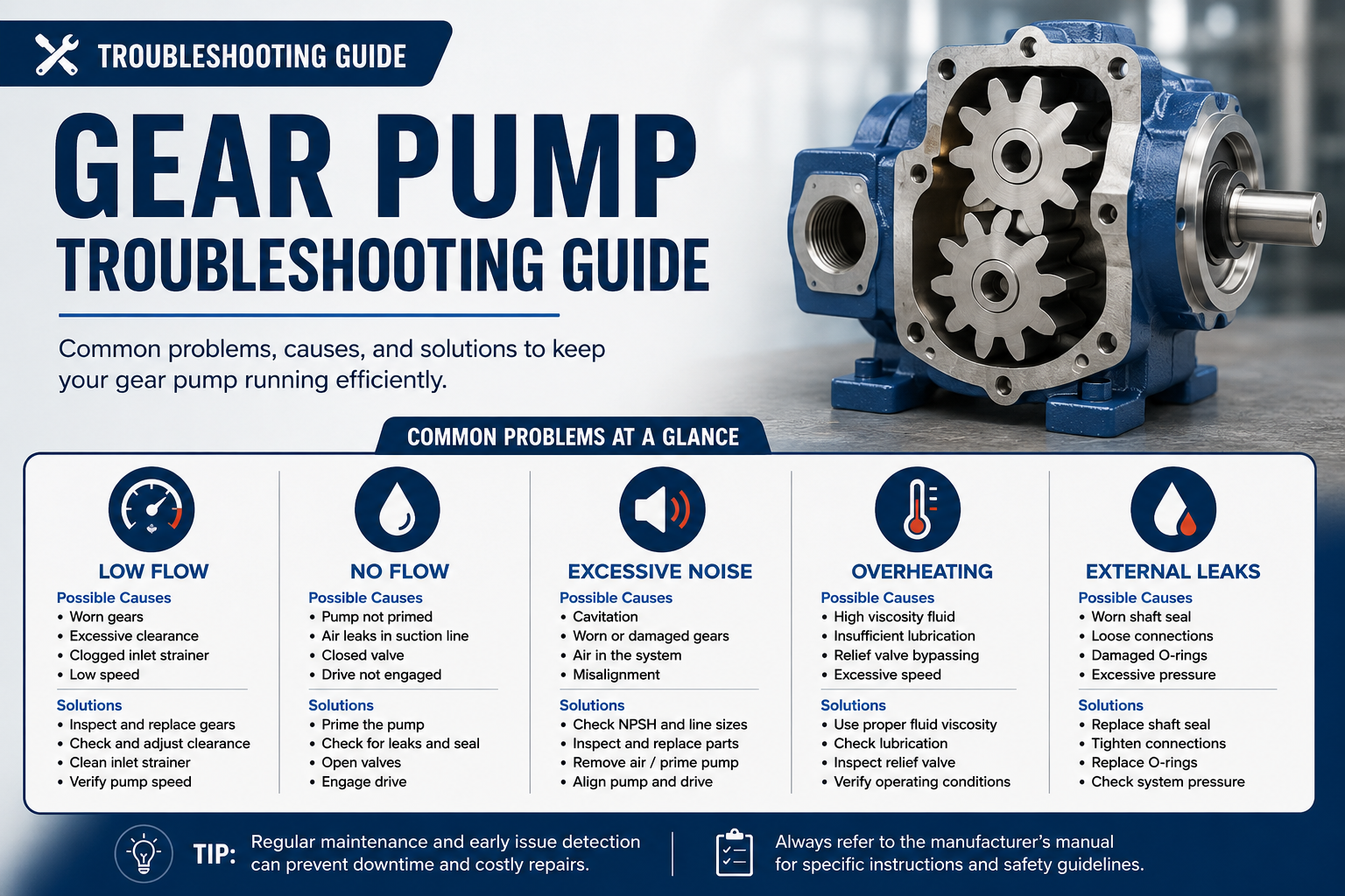 Gear pump troubleshooting guide showing common problems and diagnostic tools
