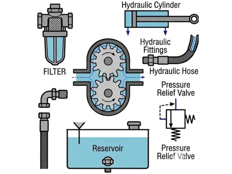 Hydraulic System Components - Reservoir, Pump, Valves, Actuators