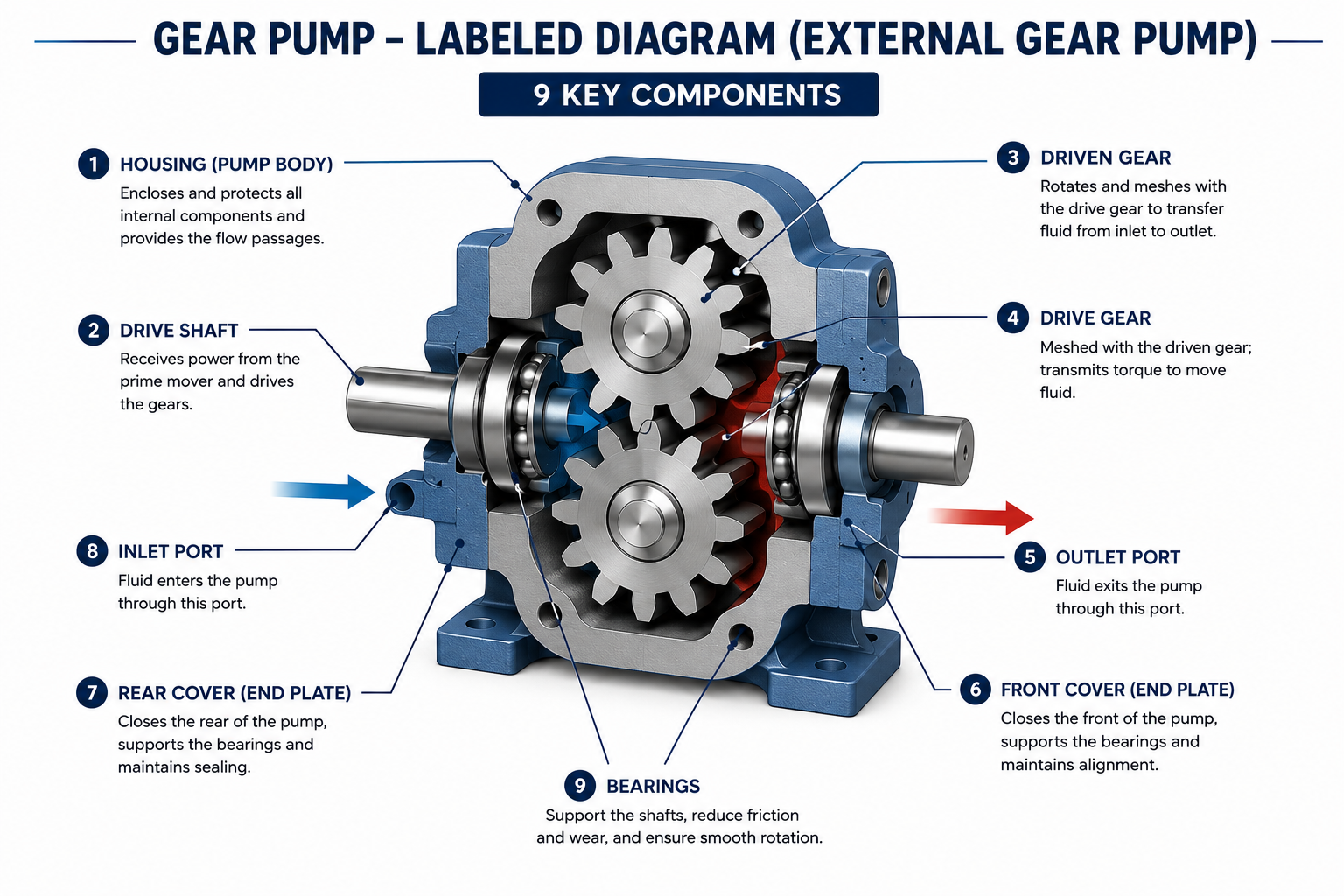 Labeled diagram of a gear pump showing all 9 key components including housing, driver gear, driven gear, shafts, bearings, seals, inlet port, outlet port, and pressure relief valve